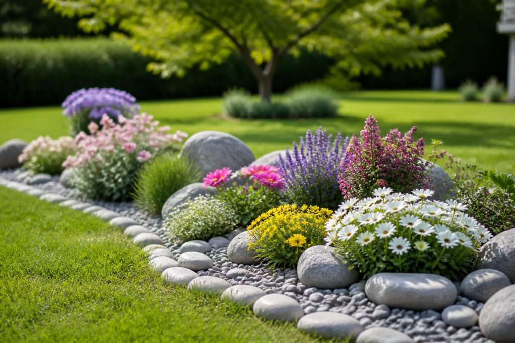 découvrez des idées d’aménagement simples et élégantes pour votre parterre de fleurs avec galets, alliant esthétique et facilité d'entretien.