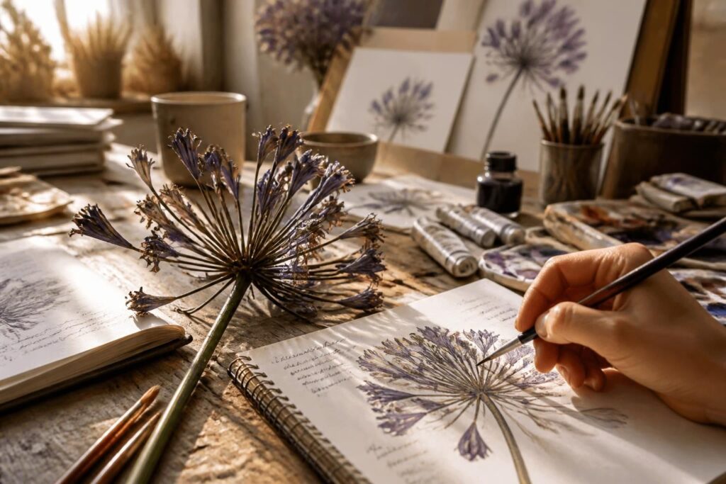 découvrez comment utiliser une fleur fanée d'agapanthe pour stimuler votre créativité artistique avec des idées originales et inspirantes.