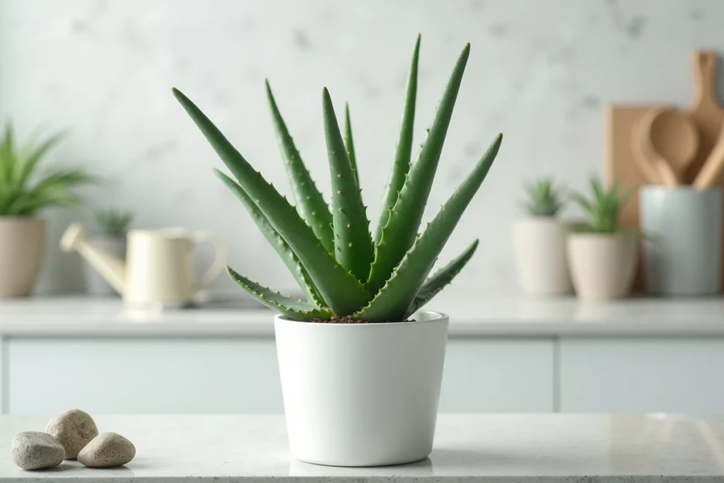 Plante aloe vera dans un pot en céramique blanche posée sur une étagère en béton dans une cuisine moderne épurée