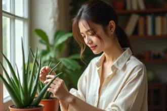 Jeune femme inspectant les feuilles d'un aloe vera en pot sur un rebord de fenêtre en bois dans un appartement chaleureux