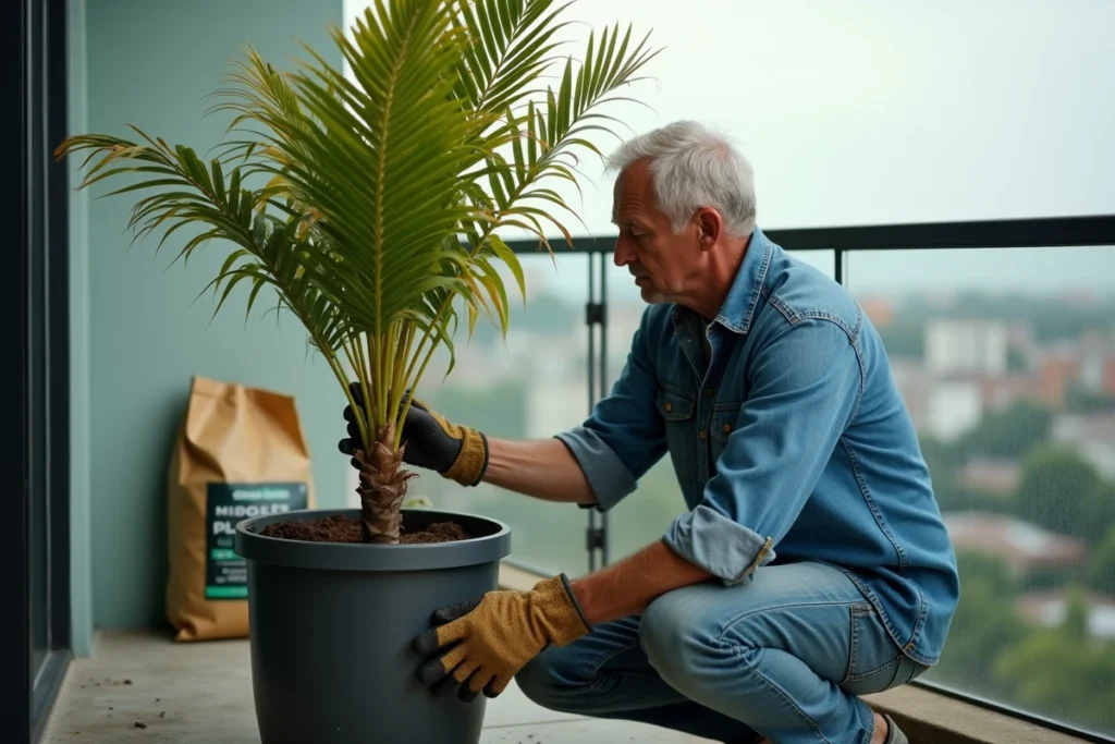 Homme âgé examinant les feuilles jaunies d'un palmier en pot sur un balcon urbain avec un sac de terreau spécial palmier