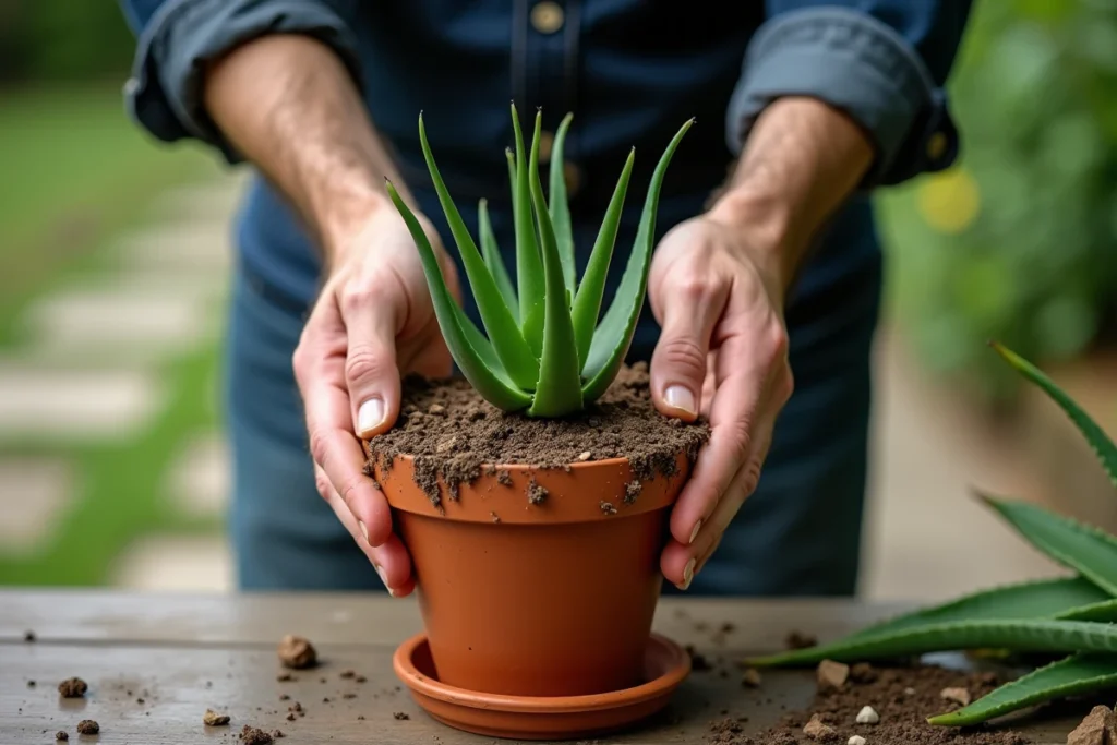 Mains masculines en train de rempoter un aloe vera dans un pot en terre cuite sur une table de jardin en bois