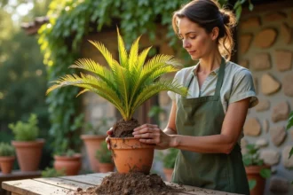 Femme rempotant un palmier jaune aux racines abîmées sur une table de jardinage en bois, avec des pots en terre cuite en arrière-plan