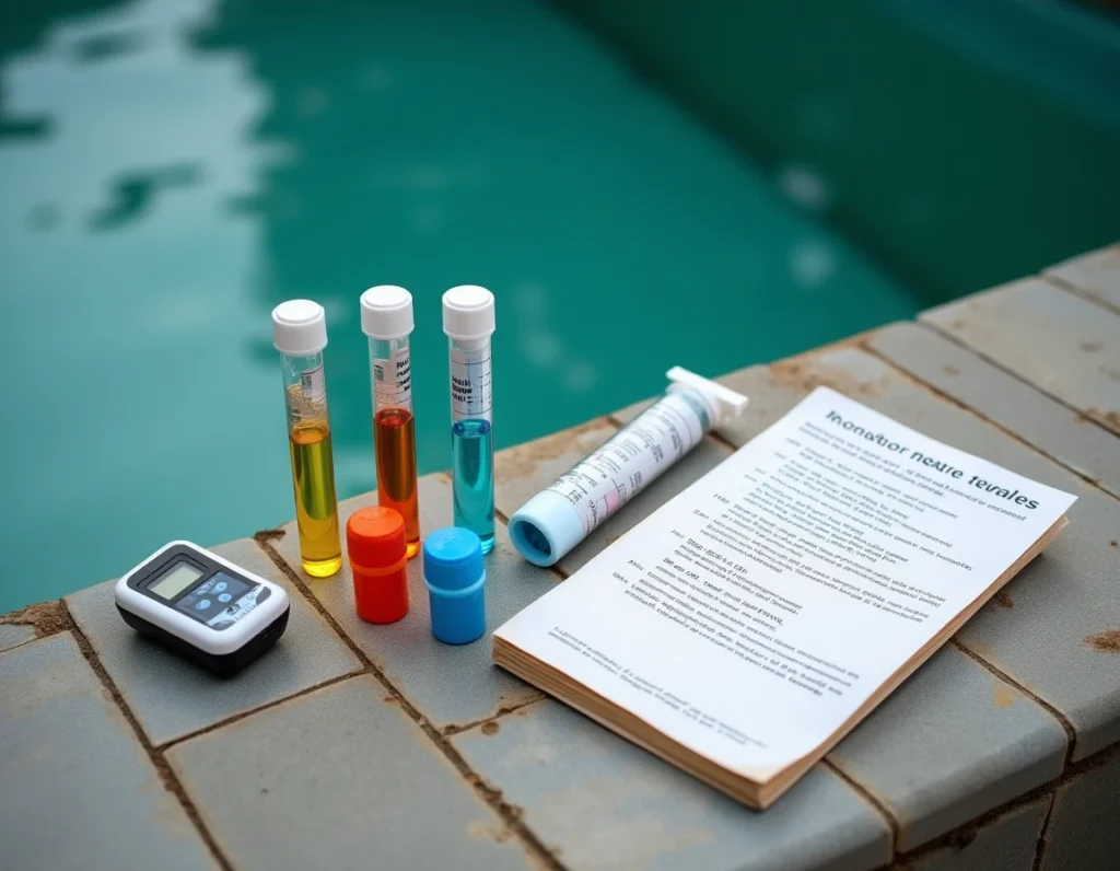 Kit de test du pH et du chlore posé au bord d'une piscine avec eau verte trouble pour diagnostic avant traitement