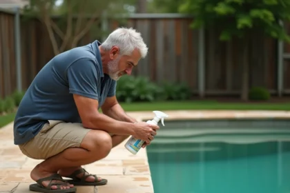 Homme adulte inspectant une piscine à l'eau verte avant un traitement choc au chlore dans un jardin résidentiel