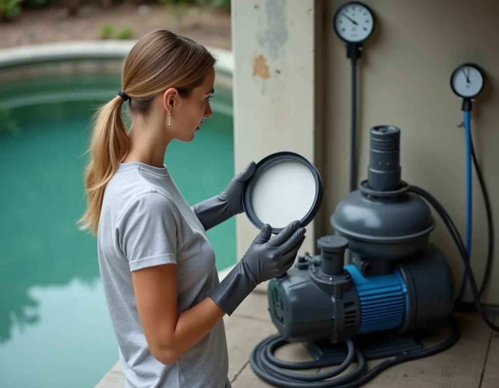 Femme vérifiant le filtre à sable d'une piscine verte dans un local technique extérieur avant remise en route de la filtration