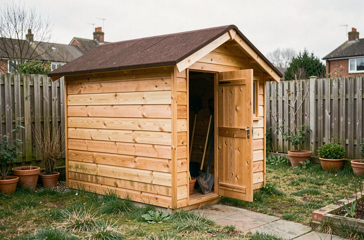 Abri de jardin en bois économique installé dans un petit jardin de maison individuelle, avec outils visibles et clôture en arrière-plan
