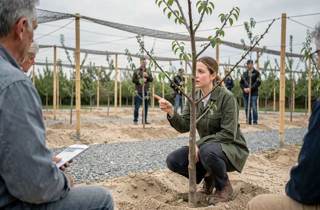 Agronome expliquant les erreurs courantes de taille du pêcher à des agriculteurs lors d'un atelier pratique en verger expérimental