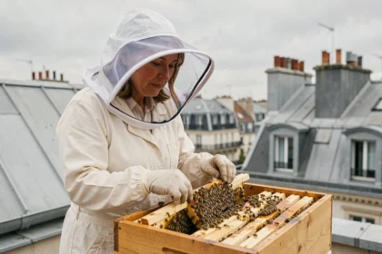 Apicultrice inspectant un cadre de ruche sur un toit parisien avec les toits haussmanniens en arrière-plan