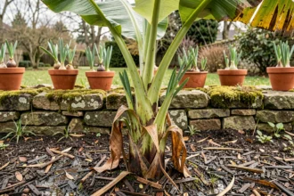 Bananier qui reprend vie au printemps avec de nouvelles pousses vertes émergeant du rhizome dans un jardin tempéré