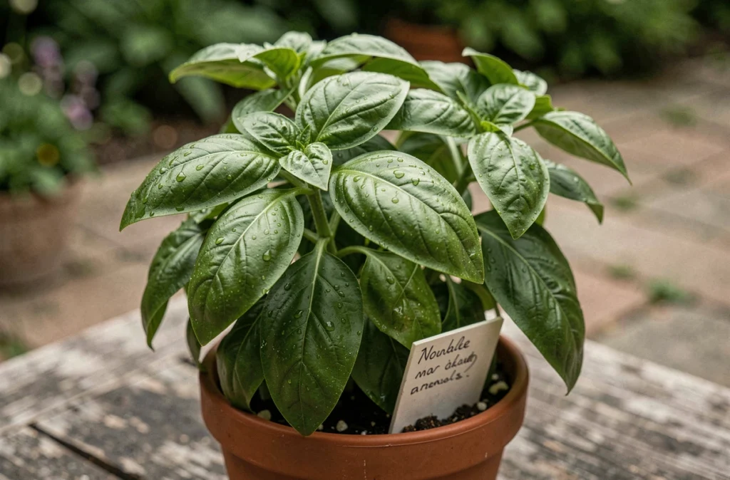 Gros plan sur un plant de basilic en pot sur une table de jardin en bois pour éloigner les mouches naturellement