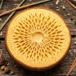 Coupe transversale d'un bolet à chair jaune montrant l'intérieur jaune vif caractéristique, posé sur une surface en bois forestière