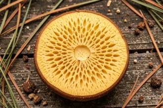 Coupe transversale d'un bolet à chair jaune montrant l'intérieur jaune vif caractéristique, posé sur une surface en bois forestière