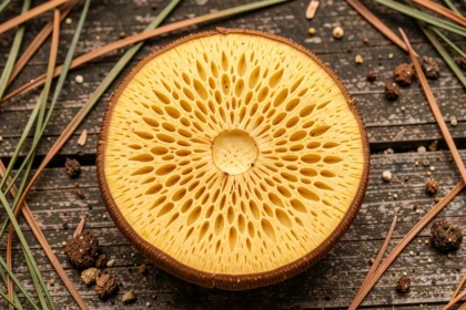 Coupe transversale d'un bolet à chair jaune montrant l'intérieur jaune vif caractéristique, posé sur une surface en bois forestière