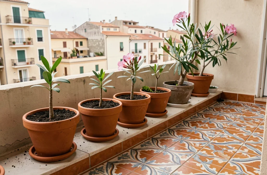 Rangée de boutures de laurier rose en pots à différents stades de croissance sur un balcon méditerranéen ensoleillé