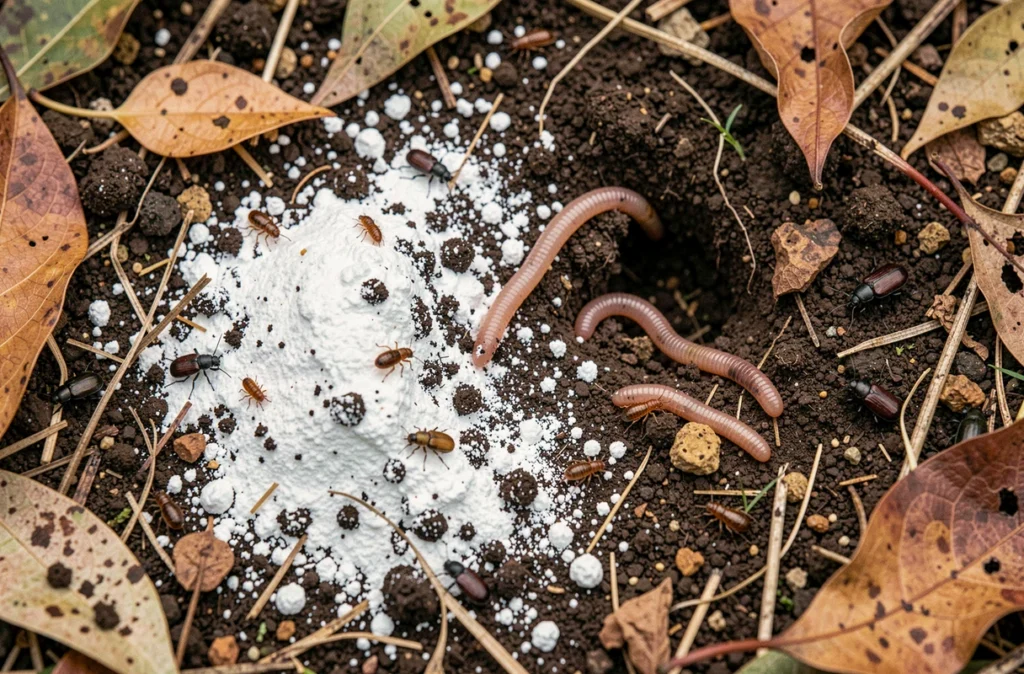 Chaux en poudre répandue sur le sol du jardin avec des vers de terre et microfaune visibles