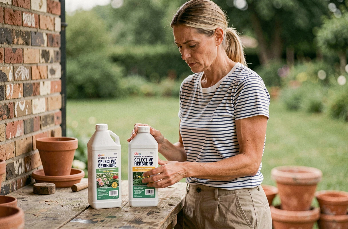 Femme comparant des produits désherbants sélectifs pour gazon sur un établi de jardin en lisant les étiquettes
