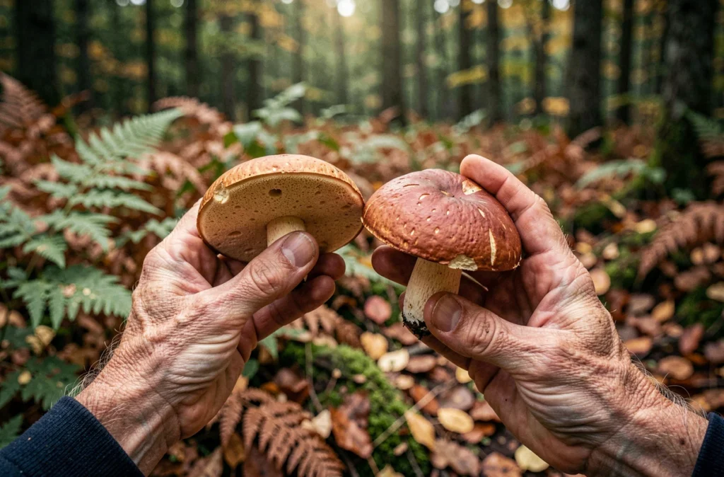 Mycologue tenant deux bolets pour comparaison identification en forêt automnale, montrant les différences de couleur du chapeau et des pores
