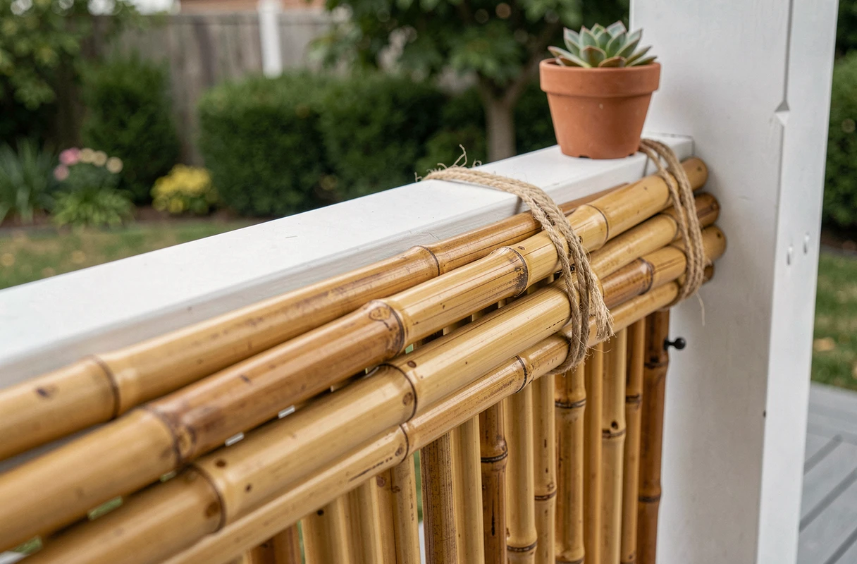 Détail de fixation d'une canisse en bambou sur une pergola blanche avec corde de jute, texture naturelle du bambou en gros plan