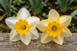 Comparaison côte à côte d'un narcisse et d'une jonquille posés sur du bois patiné, montrant leurs différences botaniques avec des gouttes de rosée sur les pétales