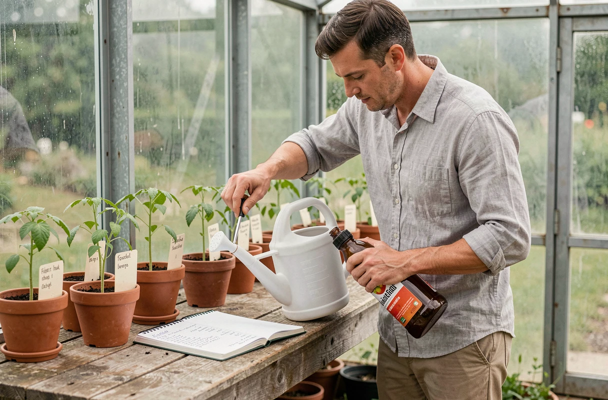 Homme dosant un engrais liquide pour tomates longue conservation dans une serre de jardinage