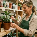 Employée d'une jardinerie indépendante apposant un label écoresponsable sur une plante en pot dans un magasin artisanal