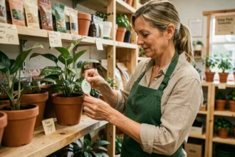 Employée d'une jardinerie indépendante apposant un label écoresponsable sur une plante en pot dans un magasin artisanal