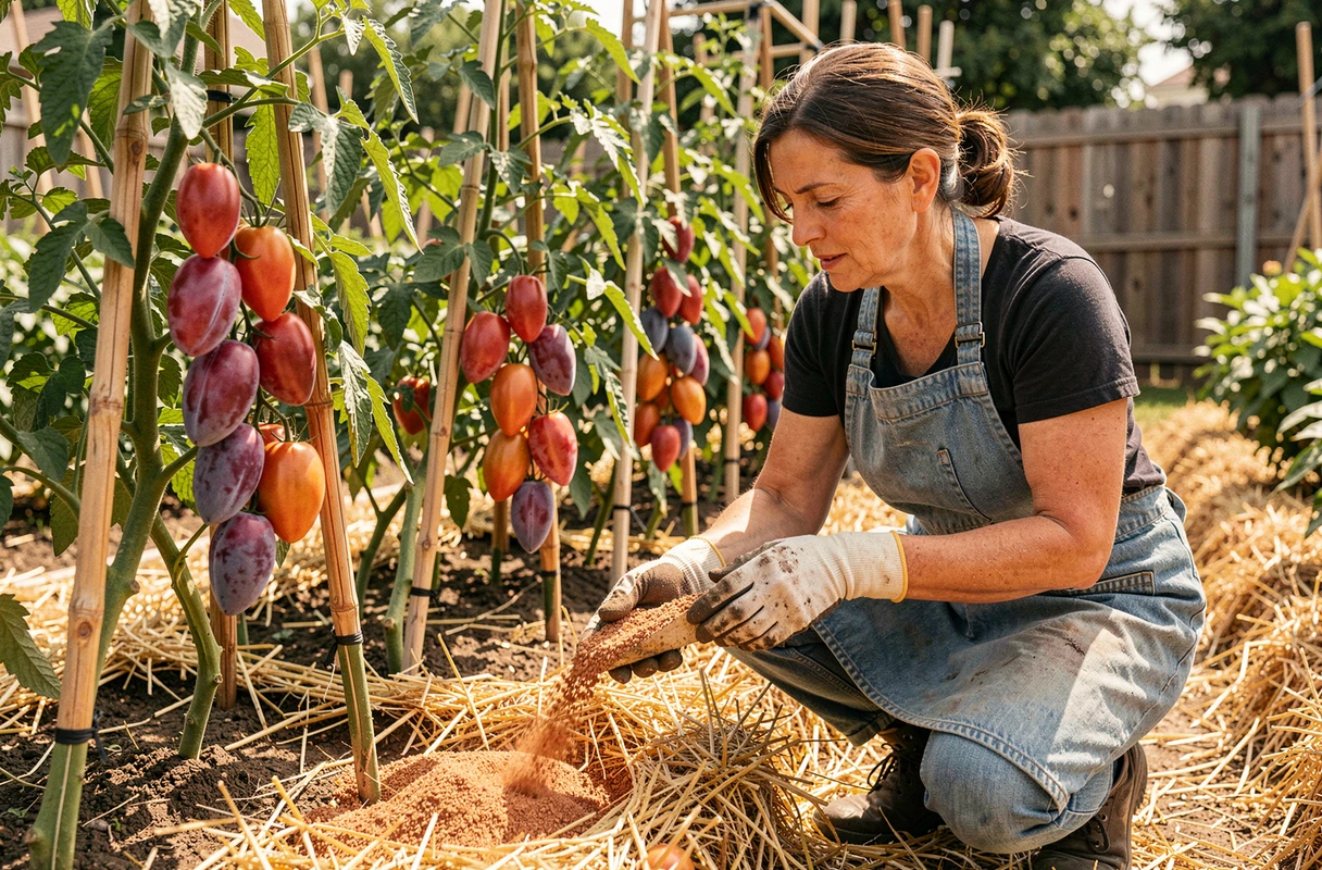 Jardinière appliquant de l'engrais granulaire au pied de plants de tomates longues en pleine croissance
