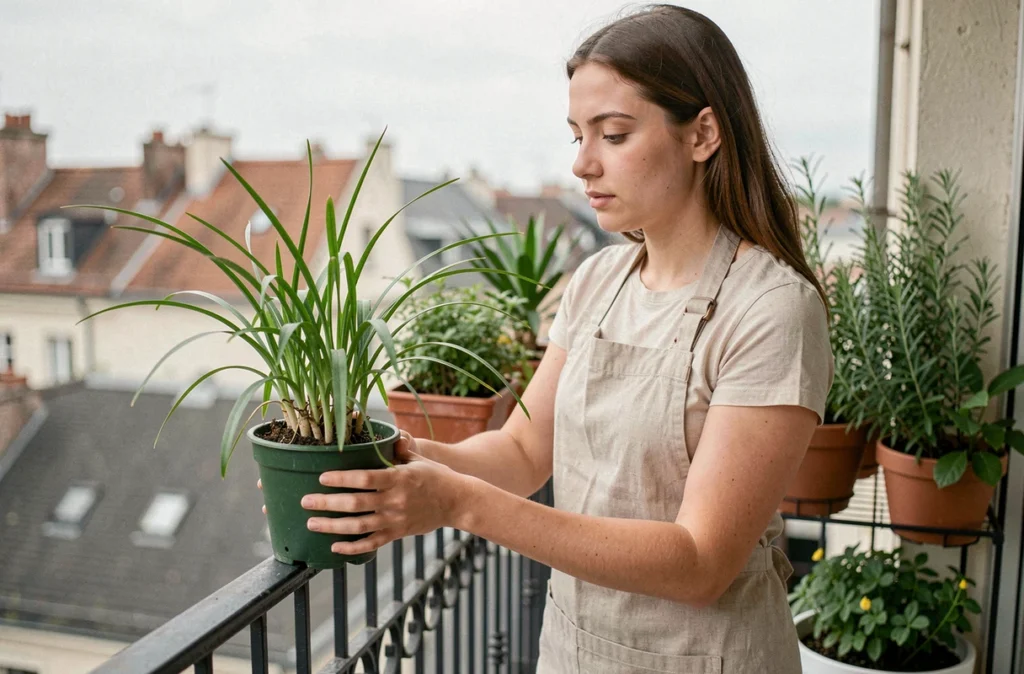 Femme installant une plante citronnelle sur un balcon pour repousser les mouches, avec diverses plantes répulsives en arrière-plan