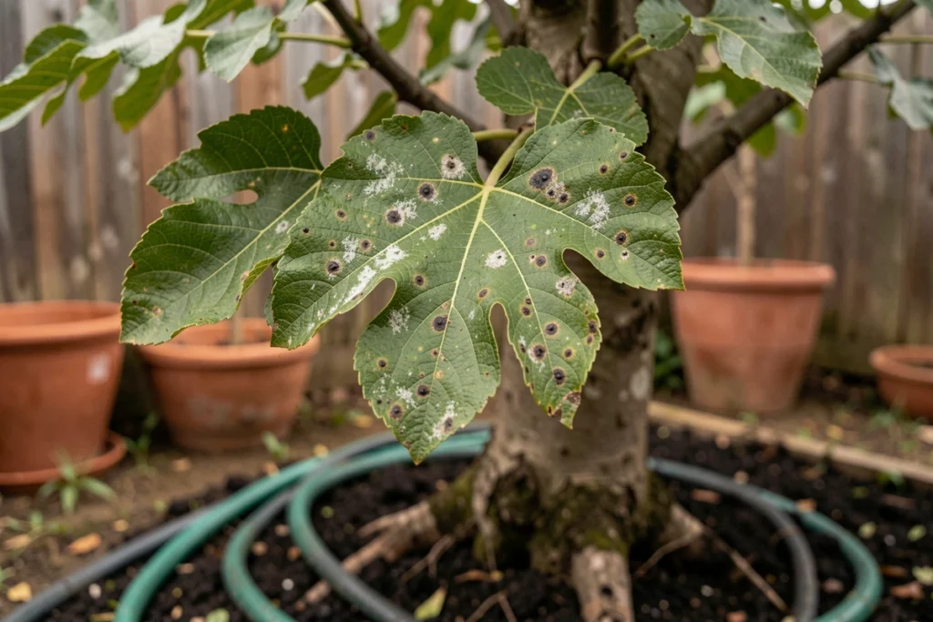 Gros plan sur des feuilles de figuier atteintes de maladie fongique avec lésions sombres et arrosage excessif au sol