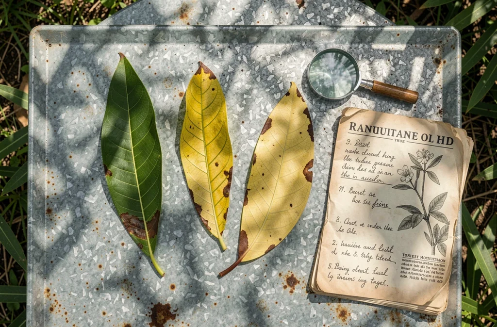Vue de dessus de feuilles de laurier rose à différents stades de jaunissement disposées sur une table de jardin