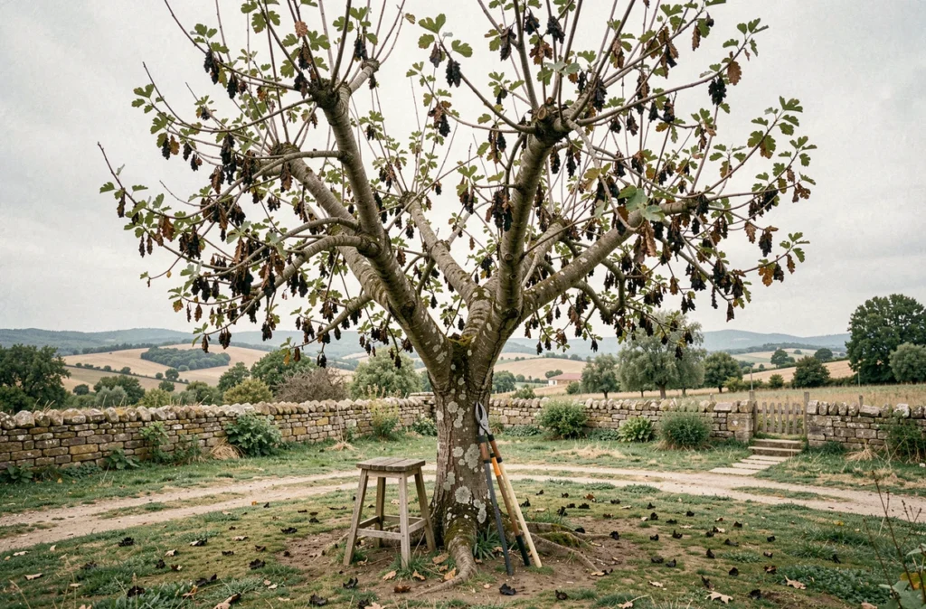 Figuier malade dans un jardin rural français avec matériel de taille posé contre le tronc