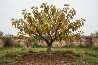 Figuier malade dans un jardin méditerranéen avec feuilles jaunissantes et nécrose sur les bords, sol argileux fissuré
