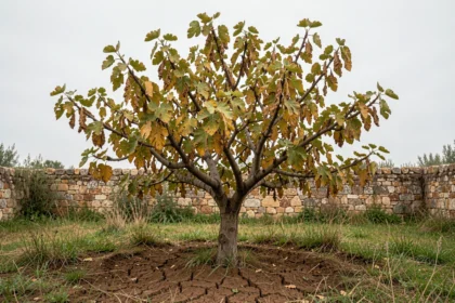 Figuier malade dans un jardin méditerranéen avec feuilles jaunissantes et nécrose sur les bords, sol argileux fissuré