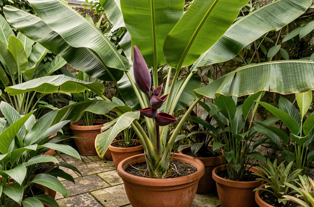 Fleur de bananier bourgeon violet-bordeaux émergeant des grandes feuilles vertes dans un jardin de patio en été