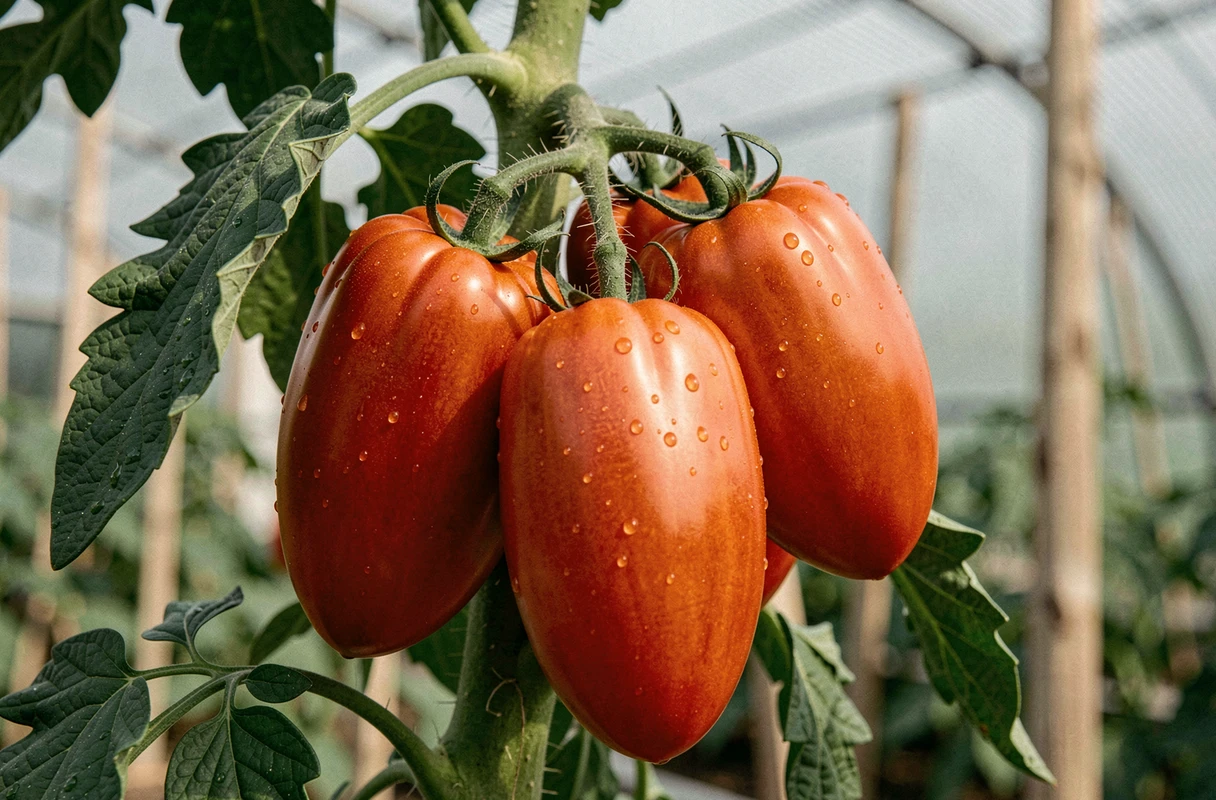 Gros plan sur une grappe de tomates longues brillantes avec résidus d'engrais foliaire sur la peau