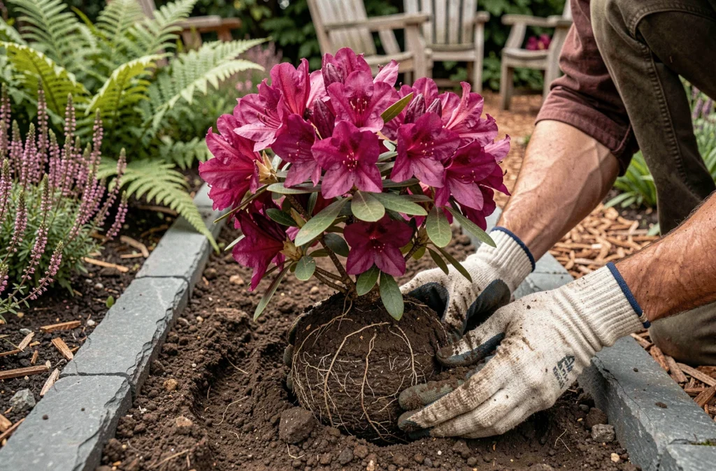 Gros plan sur la plantation d'un rhododendron à fleurs magenta dans une bordure de jardin étroite avec sol acide et paillis