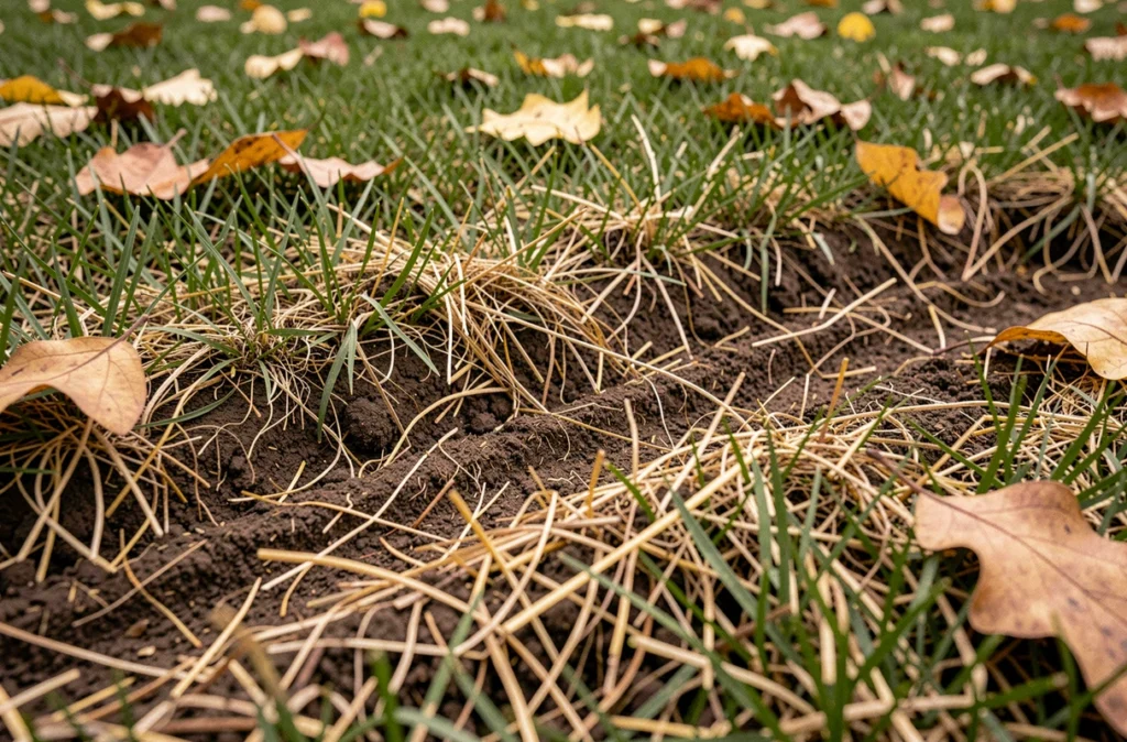 Gros plan sur les sillons de scarification dans un gazon en automne, révélant le feutre racinaire et la terre meuble