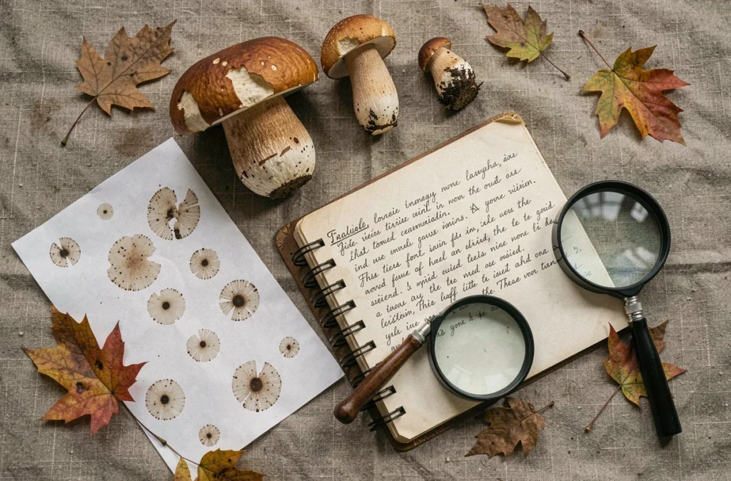 Disposition éditoriale de bolets à différents stades de croissance avec carnet d'identification, loupe et empreintes de spores pour reconnaissance mycologique
