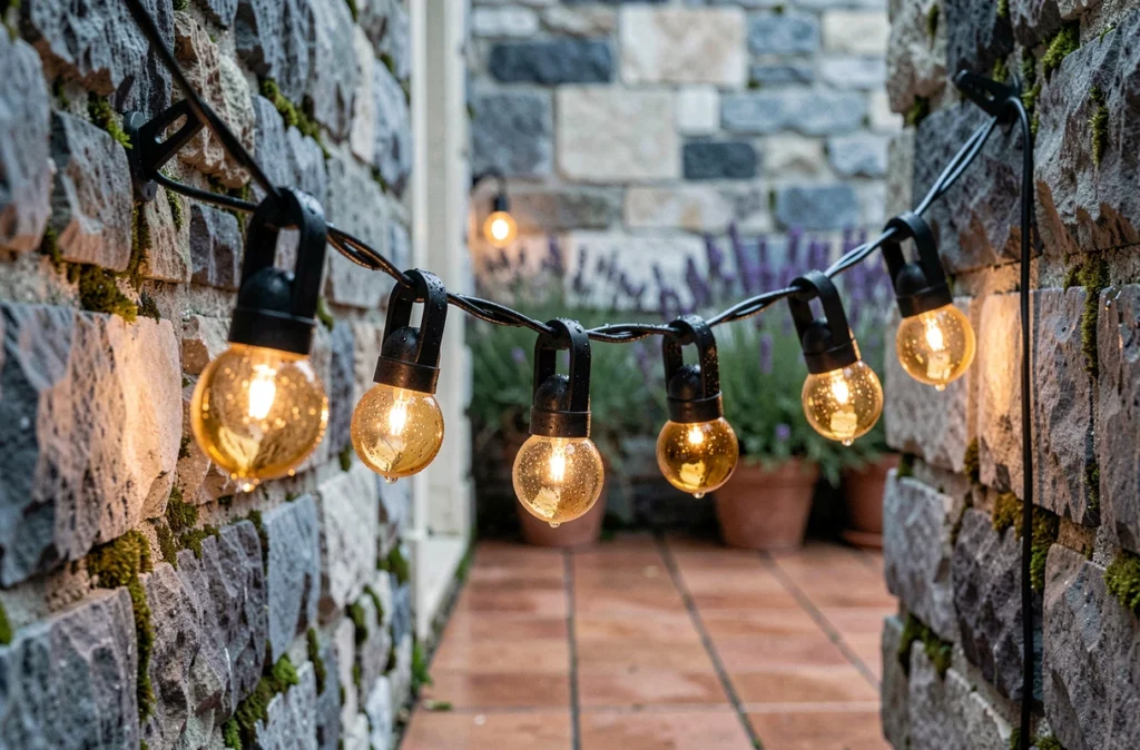 Guirlande lumineuse solaire extérieure résistante à l'eau accrochée entre deux murs en pierre dans une cour après la pluie