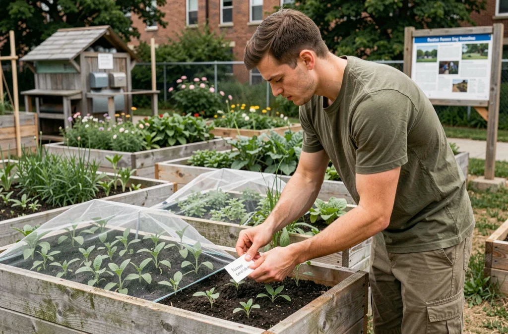 Jeune homme installant sa parcelle dans un potager partagé urbain, entouré de carrés de légumes en pleine croissance