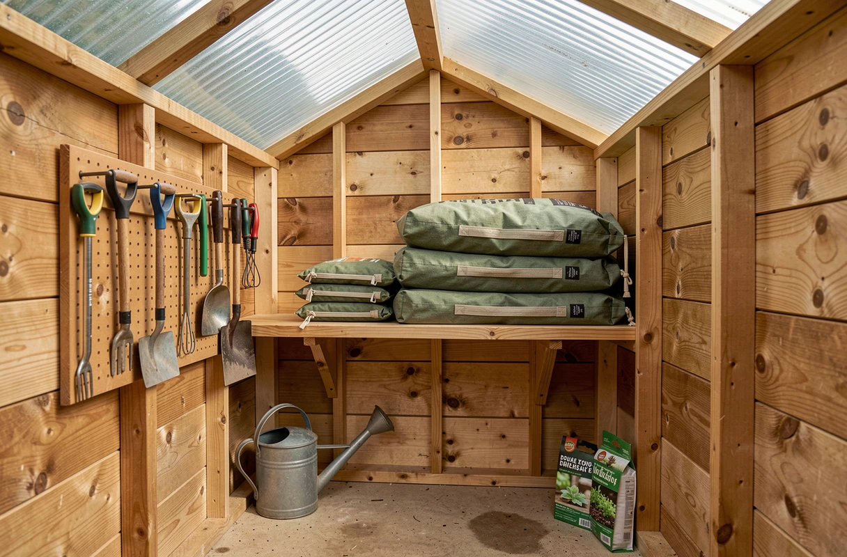Intérieur rangé d'un abri de jardin en bois avec outils accrochés, étagère en bois et accessoires de jardinage organisés sur petit espace