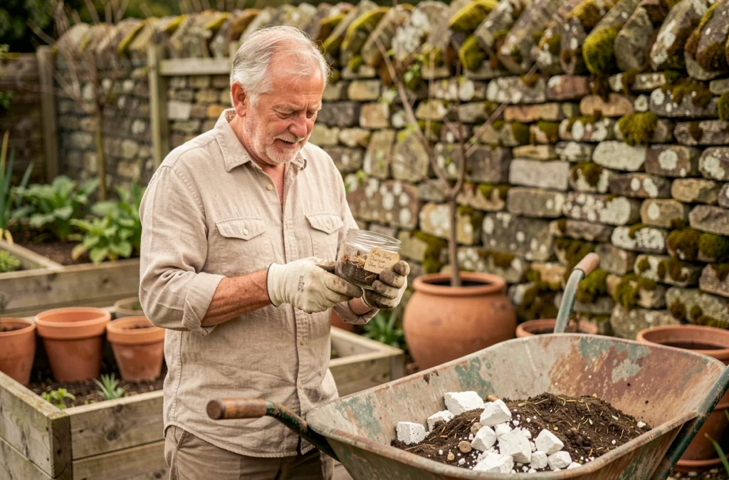 Jardinier âgé observant des organismes du sol dans un jardin potager avec de la chaux et du compost