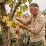 Jardinier examinant les feuilles malades d'un figuier dans un jardin méditerranéen
