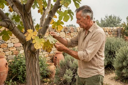 Jardinier examinant les feuilles malades d'un figuier dans un jardin méditerranéen