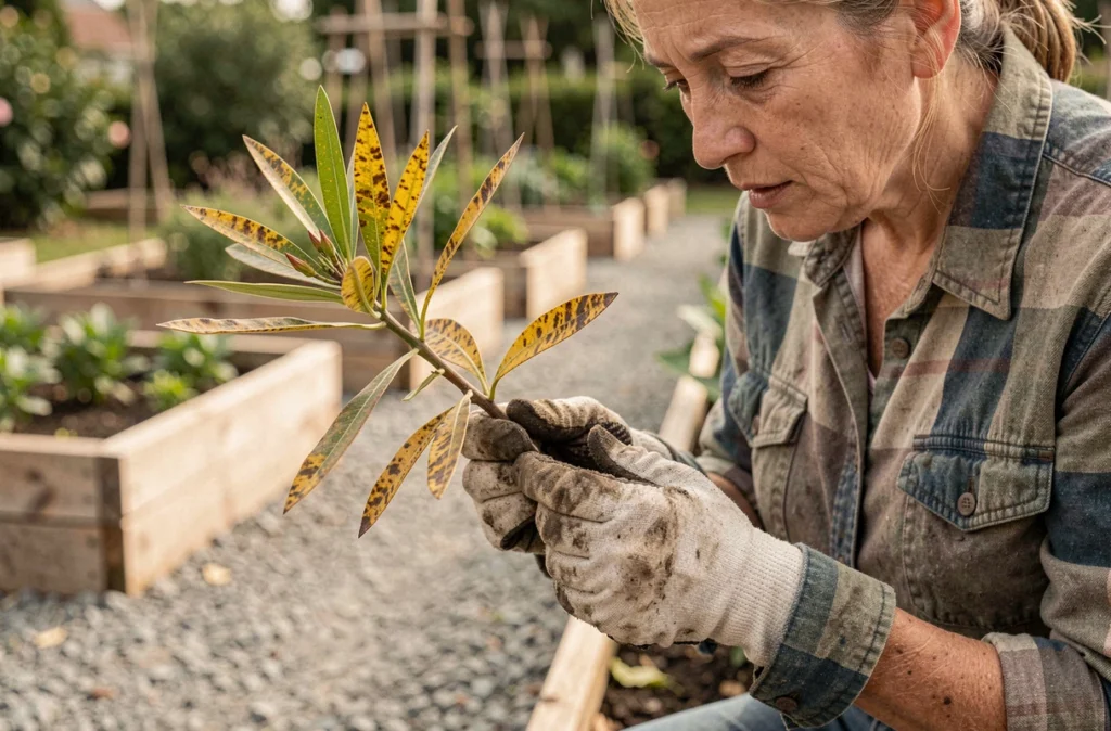 Jardinière examinant une branche de laurier rose aux feuilles jaunes dans un jardin méditerranéen