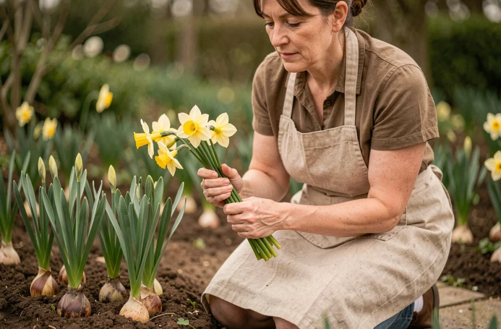 Femme jardinière en tablier de lin tenant un narcisse et des jonquilles dans un jardin printanier, illustrant les différences entre les deux fleurs