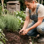 Jardinière examinant des vers de terre dans un sol sombre et fertile au potager