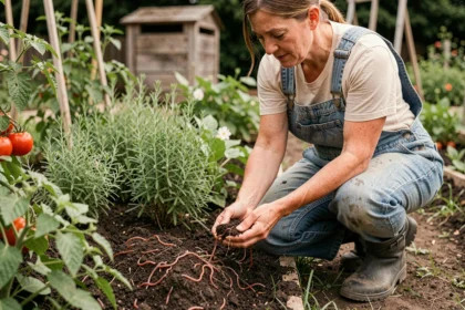 Jardinière examinant des vers de terre dans un sol sombre et fertile au potager