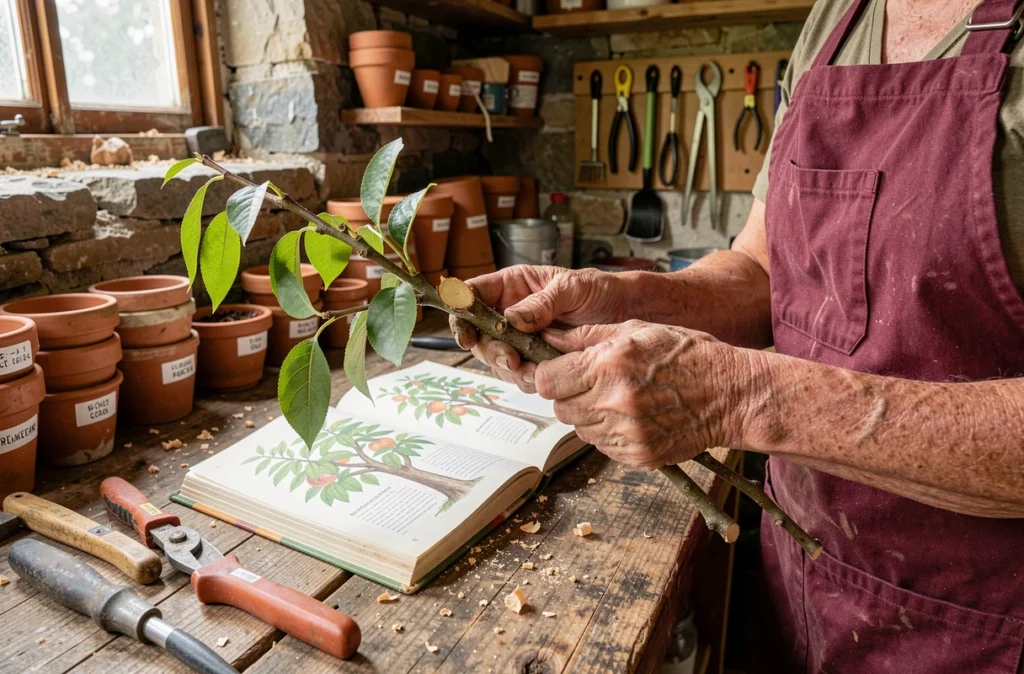 Mains de jardinière tenant des rameaux de pêcher coupés sur un établi avec guide horticole et outils de taille